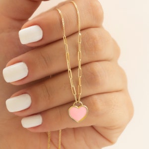 Solid Gold Heart Necklace, 14k Pink Enamel Heart Necklace, 14k Heart Pendant, Dainty Gold Necklace, Valentine&#39;s Day Gift