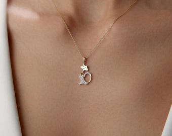 14K Solid Gold Cat Necklace, Pet Necklace, Gold Cat Charm, Cat Pendant, Cat Charm, Cat Lover Gift, Birthday Gift, Everyday Necklace