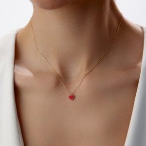Gold Red Heart Necklace, Gold Heart Pendant, Solid Gold Necklace, Minimalist Heart Necklace, Anniversary Gift, Valentine&#39;s Day Gift