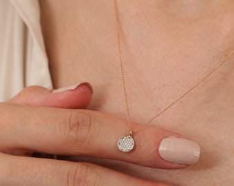 Pave Disc Necklace, Pave Disc Jewelry, Pave Circle Necklace, Gold Disc Necklace, Pave Diamond Charm, Everyday Necklace, Layering Necklace