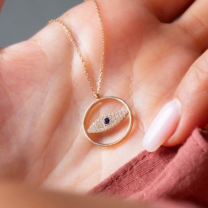 14K Solid Gold Evil Eye Necklace, Delikatny Złoty Wisiorek Evil Eye, Naszyjnik Nazar, Zawieszka Hamsa, Zawieszka Evil Eye, Zawieszka na szczęście, Prezent dla Mamy