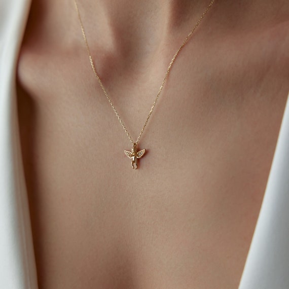 Gold Angel Necklace, Gold Star Pendant, Solid Gold Angel Charm, Angel Charm Necklace, Baptism Gift, 14K Angel Necklace, Angel Jewelry