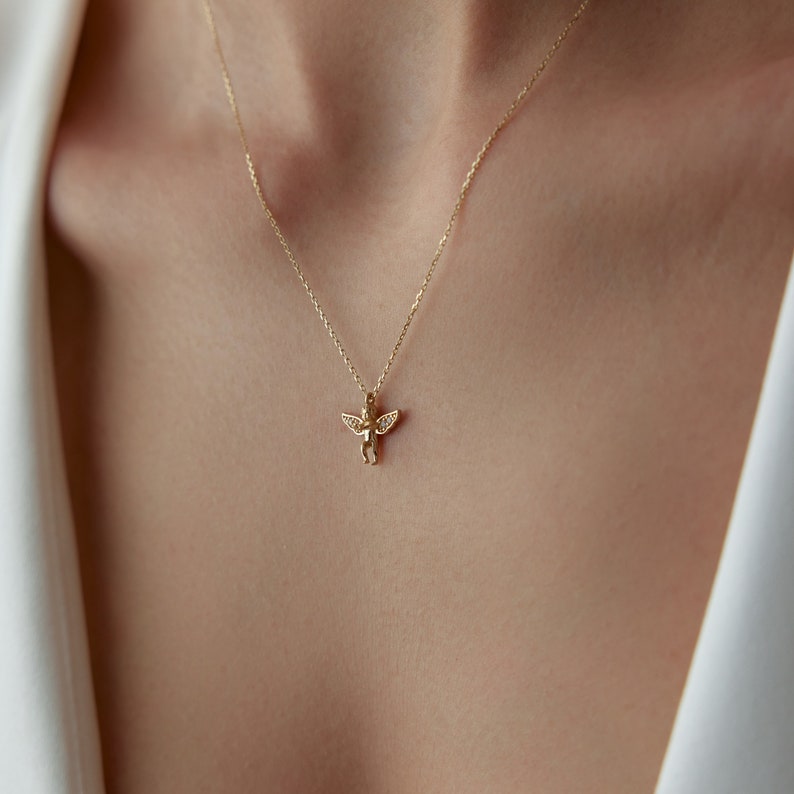 Gold Angel Necklace, Gold Star Pendant, Solid Gold Angel Charm, Angel Charm Necklace, Baptism Gift, 14K Angel Necklace, Angel Jewelry image 1