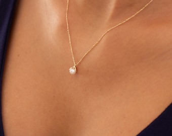 Pearl 14k Solid Gold Necklace, Minimalist Design, Gift for Her, Pearl Necklace, Simple Design, Everyday Use, Freshwater Pearl Necklace