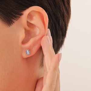 14K Gold Blue Opal Earring, October Birthstone, Dainty Opal Earring, Gemstone Earrings Mothers Day Gift, Gift For Her, Anniversary Gift