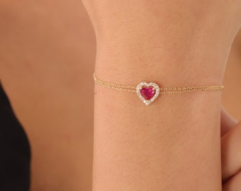 Ruby Heart Bracelet, July Birthstone, July Gemstone, 14k Gold Bracelet, Birthstone Bracelet, Minimalist Bracelet, July Gemstone, Minaliva