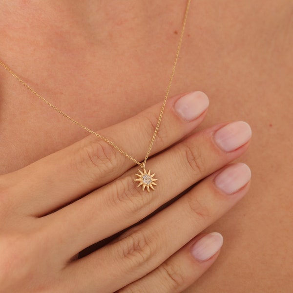 14k Gold Sun Halskette, Minimalist Sunburst Halskette, Sun Anhänger, Sommer Halskette, Zierliche Halskette, Sonnenschein Halskette, Geschenk Freundin