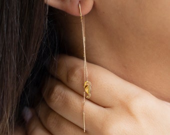 14k Rose Gold Sea Horse Chain Earrings, Dangly Hoop Earrings, Gold Hoop Earring, Seahorse Earring, Gold Threaders, Chain Huggie Earring
