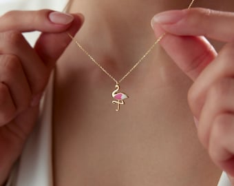 Gold Flamingo Necklace, Flamingo Jewelry, Enamel Flamingo, Fine Jewelry, Solid Gold Flamingo Pendant, Flamingo Charm, Gold Flamingo