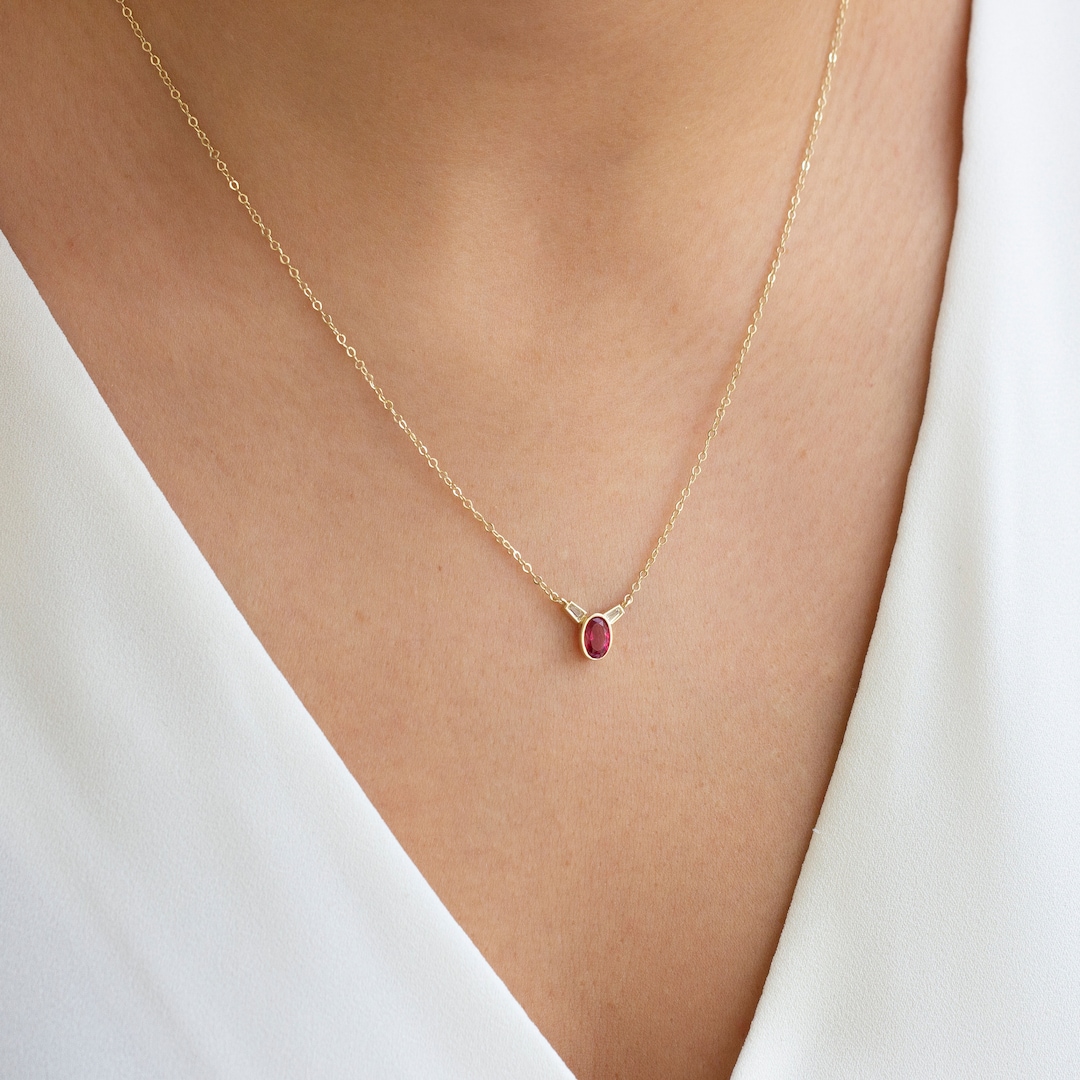 Gold Ruby Drop Necklace, 14k July Birthstone Gift, Red Gemstone Pendant