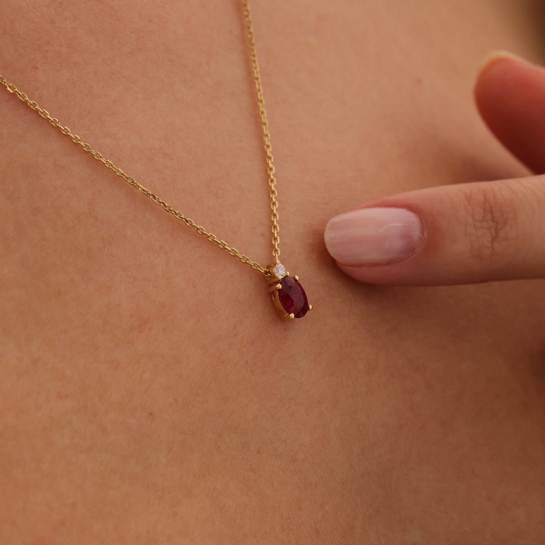 Gold Ruby Drop Necklace, 14k July Birthstone Gift, Red Gemstone Pendant