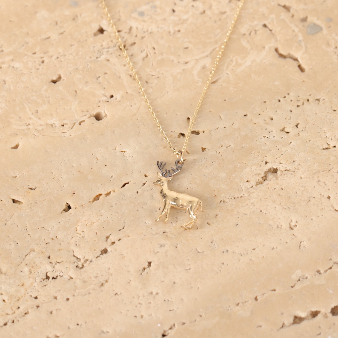 14K Gold Deer Necklace Real Gold Chain Deer Necklace Animal Etsy