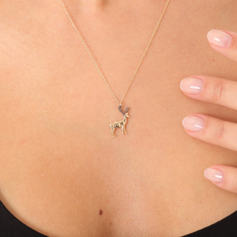 14K Gold Deer Necklace Real Gold Chain Deer Necklace Animal Etsy