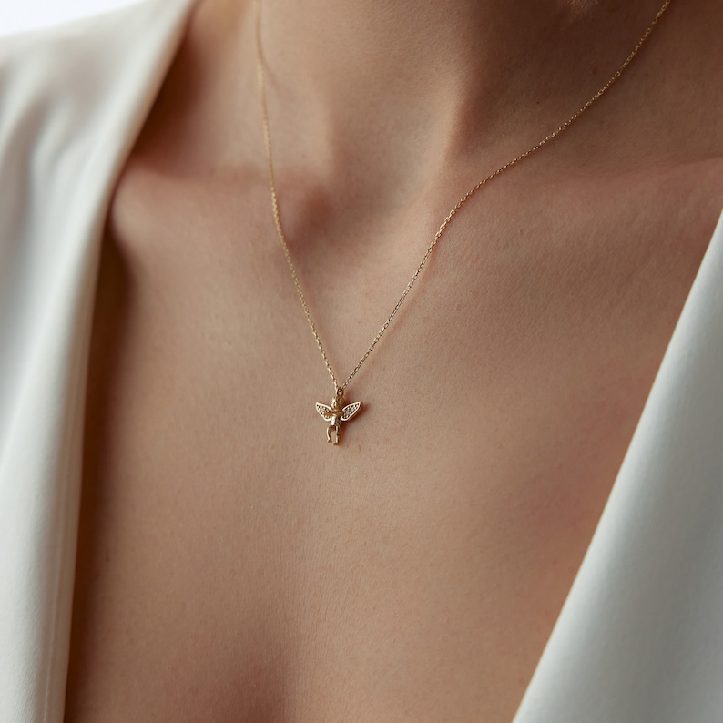 Gold Angel Necklace, Gold Star Pendant, Solid Gold Angel Charm, Angel Charm Necklace, Baptism Gift, 14K Angel Necklace, Angel Jewelry image 3