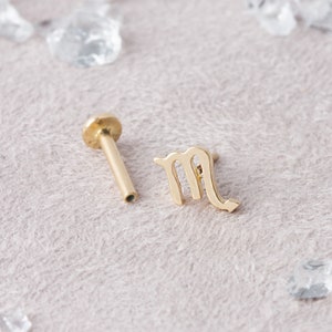 Solid Gold Zodiac Sign Piercing, Helix Piercing, Minimalist Tragus Piercing, Gold Stud Piercing, Stud Ear Piercing, Horoscope Stud Piercings