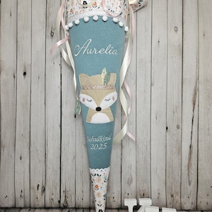 Boho fox school cone with feathers in mint, school cone for girls, cushion, hand-sewn