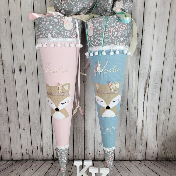 Personalized school cone for girls | Fabric school cone | First day of school 2026 | Pink and mint with fox appliqué | Back to school gift | Hand-sewn