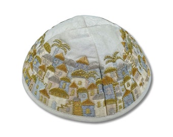 Menorah Gerusalemme Kippah In Lino Grigio Ricamato Menorah - Per