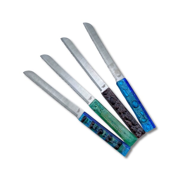 Light Blue Bread Knife Challa Knife Stainless steel & Glass Shabat Shalom