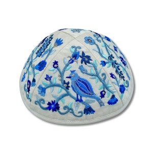 Blue and white bird Embroidered Kippah Jewish yarmulke