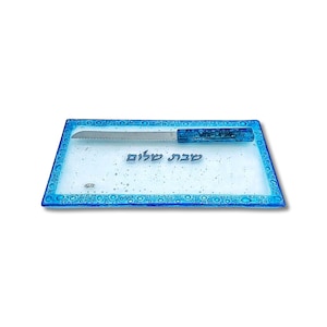 Bubble Glass Shabbat Plate Handmade Light Blue Board