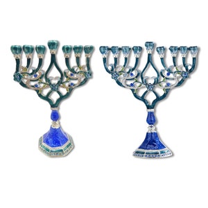 Blue Flowers Enamel Hanukkah Menorah