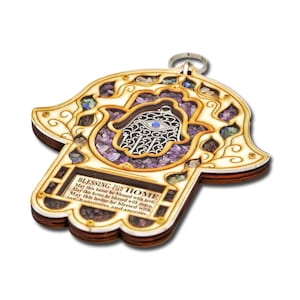 Wood Triple Hamsa Home Blessing with gemstones
