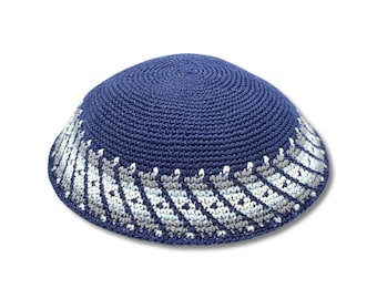 Cotton knitted Hand Made Kippah Jewish Blue yarmulke 18cm