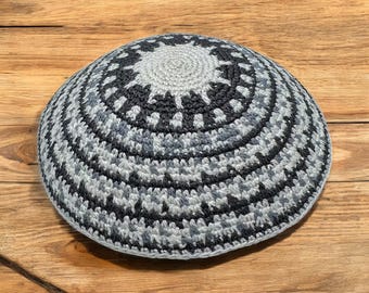 White & Gray 14cm Handmade Knitted Cotton Kippah