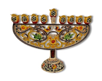 Flowers and Pomegranates Enamel Hanukkah Menorah