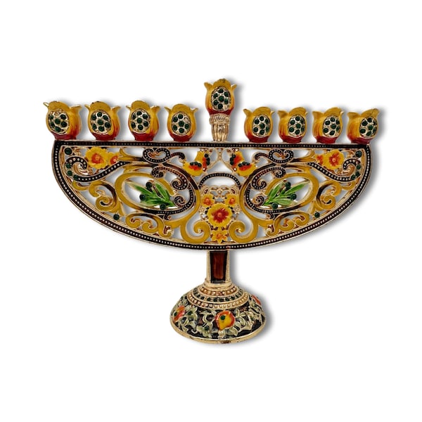 Flowers and Pomegranates Enamel Hanukkah Menorah