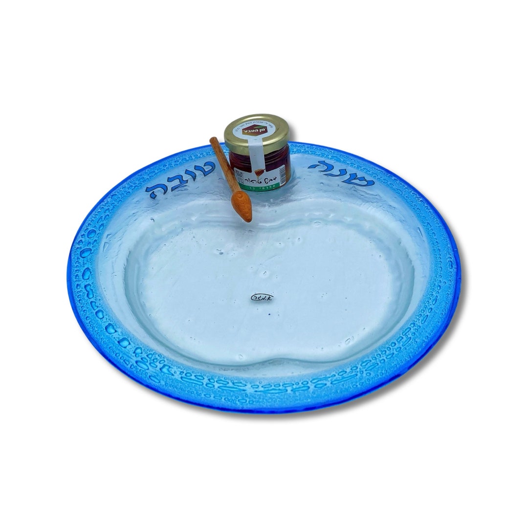 Bubble Glass Rosh Hashanah Apples and Honey Plate Handmade Light Blue