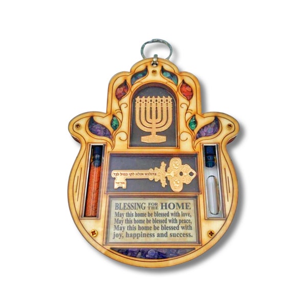 Wooden Hamsa Wall Decoration Home Blessing with sand and water from israel and gemstones