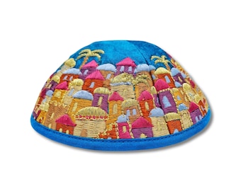 Kipá bordada de Jerusalén azul/dorado/plateado