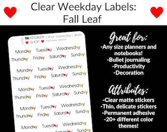 Fall-themed clear weekday label stickers for any size planner and notebook!