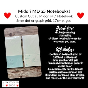 May include: Two Midori MD a5 notebooks with cream-colored paper. The notebooks have a 5mm dot or graph grid and 176+ pages. The text on the image says "Midori MD a5 Notebooks!" and "Custom Cut a5 Midori MD Notebook".
