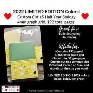 May include: A collection of Stalogy notebooks in cream, beige, and leaf green. The notebooks are custom cut to a5 size with a 4mm graph grid and 192 pages. The text on the image says "2022 Limited Edition Colors!"