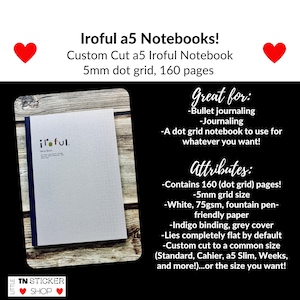 May include: A white Iroful a5 notebook with a 5mm dot grid, 160 pages, and indigo binding. The notebook is custom cut and designed for bullet journaling and journaling. The cover has the text "Iroful" and "Note Book".