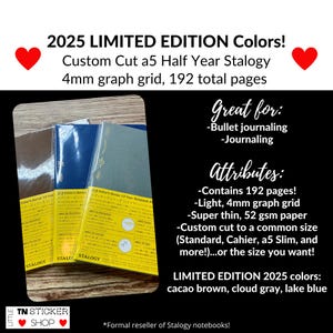May include: Three Stalogy notebooks in cacao brown, cloud gray, and lake blue. The notebooks are a custom cut a5 size with a 4mm graph grid and 192 pages. The image includes text that says "2025 Limited Edition Colors!"