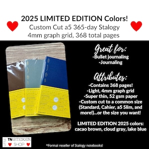 May include: A display of three Stalogy notebooks in cacao brown, cloud gray, and lake blue. The notebooks are a custom cut a5 size with a 4mm graph grid and 368 pages. Text on the image reads "2025 LIMITED EDITION Colors!"