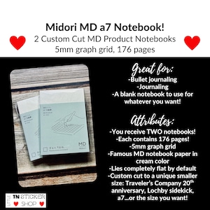 May include: Two Midori MD A7 notebooks with cream-colored paper and a 5mm graph grid. Each notebook contains 176 pages. The packaging features the text Midori MD A7 Notebook, 2 Custom Cut MD Product Notebooks, 5mm graph grid, 176 pages, and MD PRODUCT.
