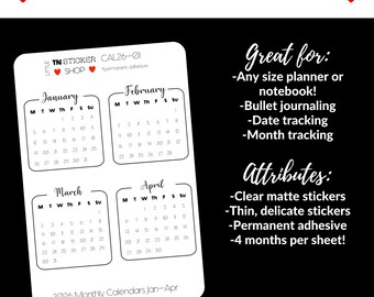 2026 Monthly Calendar Stickers, Planner Stickers, Monday Start