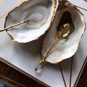 ONE oyster shell salt or pepper dish and crystal spoon hand painted in gold