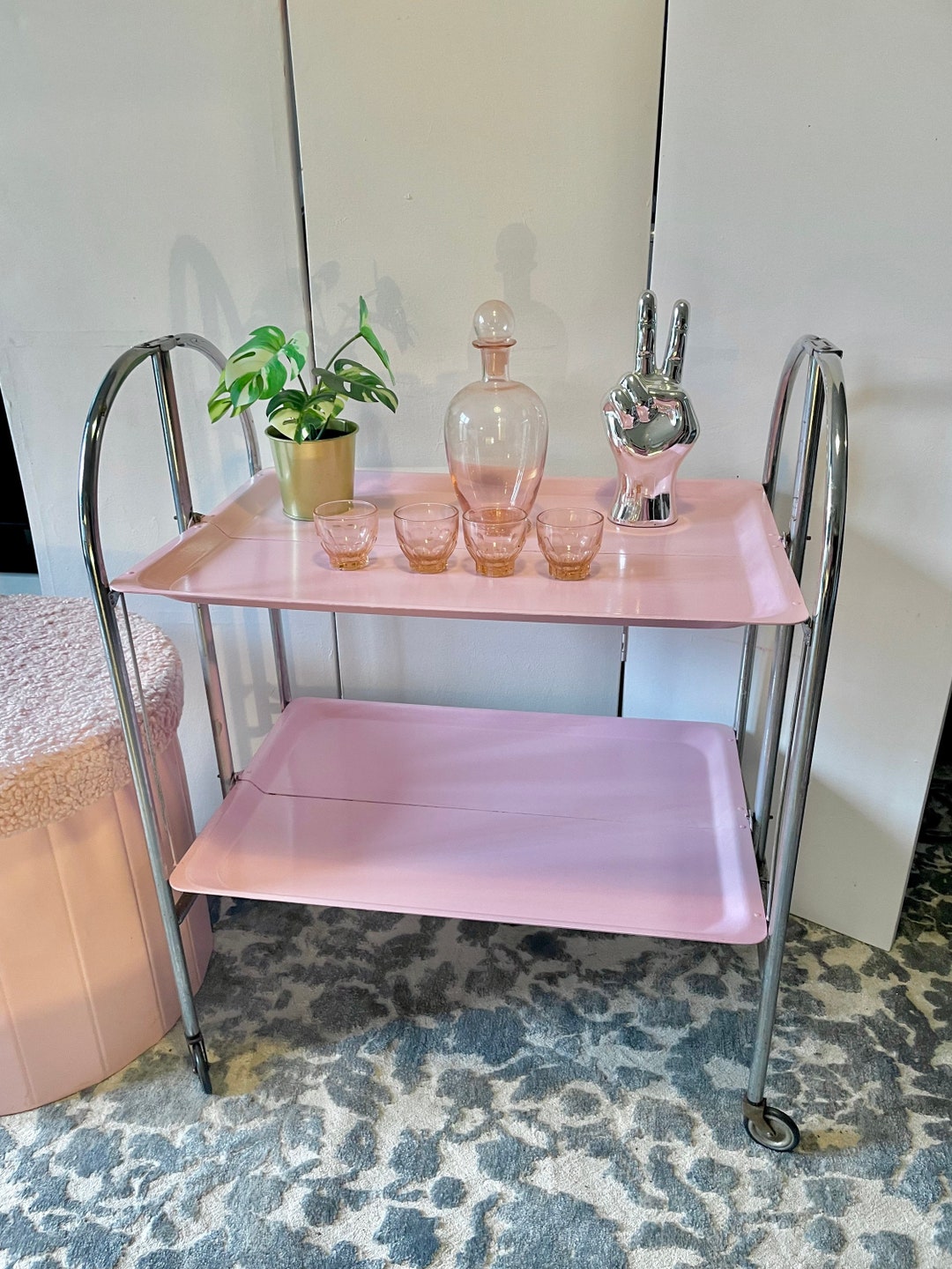 Chrome and Pink Mid Century Folding Bar Cart Drinks Trolley Etsy