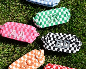 Personalized Checkered Makeup Bag, Custom Monogram Cotton Blend Toiletry Bag