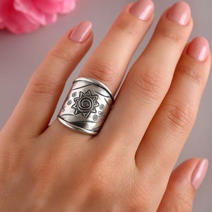 925 Sterling Silver Lotus Ring, Adjustable Wide Band Boho Ring, Handmade Spiritual Jewelry for Women, Statement Silver Ring