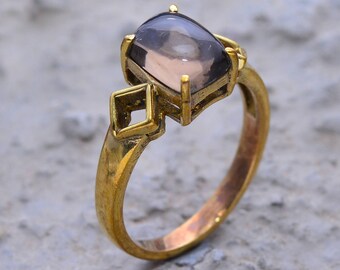 Smoky Quartz Gold Ring, Cushion Cut Gemstone Ring, Vintage Style Handmade Ring, Minimalist Statement Ring, Gift for Her