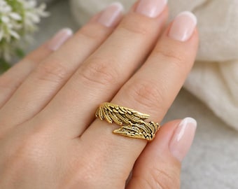 Gold Angel Wing Ring, Adjustable Feather Ring, Guardian Angel Jewelry, Spiritual Protection Ring, Boho Gothic Gift for Her