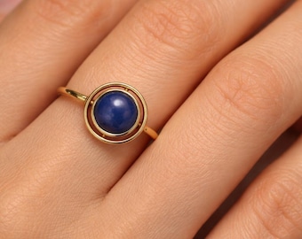 Blue Lapis Lazuli Ring, Gold Circle, Minimalist Vintage Style
