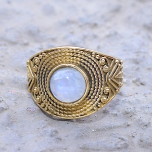 Rainbow Moonstone Brass Ring, Handmade Boho Gemstone Jewelry, Adjustable Vintage Style Moonstone Ring For Women, Dot and Knot Designer Ring